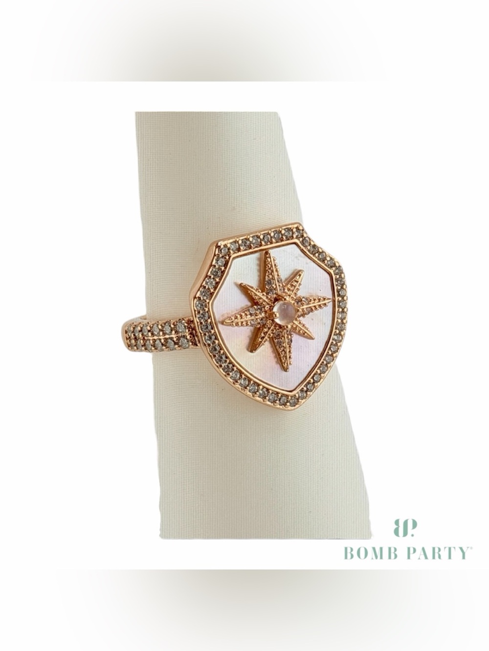 Bomb Party Halo Sz 9 "Loving Remembrance" Genuine Moonstone & MOP Rose Gold